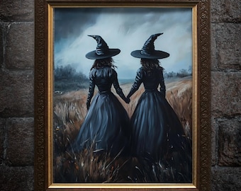 Halloween Witch Wall Art Print, Two Witch Friends in the Field Painting, Gothic Witchy Poster, Vintage Cottagecore Home Decor, Sister Gift