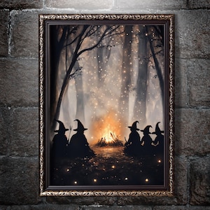 Magical Witch Oil Painting, Witchy Bonfire Wall Art Print, Mystical Witchcraft Halloween Poster, Gothic Withes by the Forest Fire Home Decor