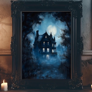 Haunted Mansion Wall Art Print, Vintage Victorian Horror House Oil Painting, Moody Gothic Dark Academia Poster, Haunted House Home Decor