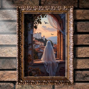 Ghost in Castle Window Art Print, Vintage Victorian Ghost Print, Cute Halloween Wall Decor, Gothic Dark Academia Decor, Ghost Oil Painting