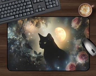 Celestial Black Cat Desk Mat, Magical Moon Roses Mousepad, Mystical XL Desk Mat, Cute Mousepad, Home Office Desk Mat, Cat Lover Gift