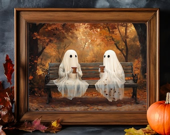 Ghost Coffee Time Painting, Cute Halloween Wall Art Print, Vintage Ghost Painting, Spooky Fall Poster, Moody Romantic Autumn Decor