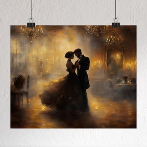 May include: A couple dances in a dimly lit ballroom. The man is wearing a dark suit and the woman is wearing a flowing black dress. The scene is romantic and elegant.