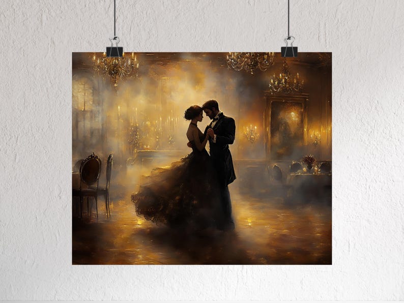 May include: A couple dances in a dimly lit ballroom. The man is wearing a dark suit and the woman is wearing a flowing black dress. The scene is romantic and elegant.