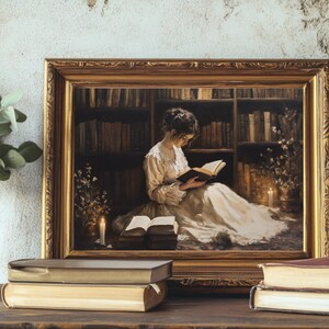 Victorian Woman Reading Art Print, Dark Academia Decor, Moody Vintage Library Oil Painting, Rustic Bookish Wall Art, Antique Book Poster image 6