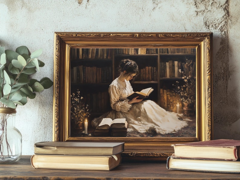 Victorian Woman Reading Art Print, Dark Academia Decor, Moody Vintage Library Oil Painting, Rustic Bookish Wall Art, Antique Book Poster image 6