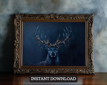 Christmas Deer Painting, Printable Moody Stag Wall Art, Vintage Xmas Animal Print