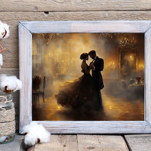May include: A painting depicting a couple dancing in a ballroom. The man is wearing a black suit and the woman is wearing a black dress. The ballroom is dimly lit and there are candles on the tables.