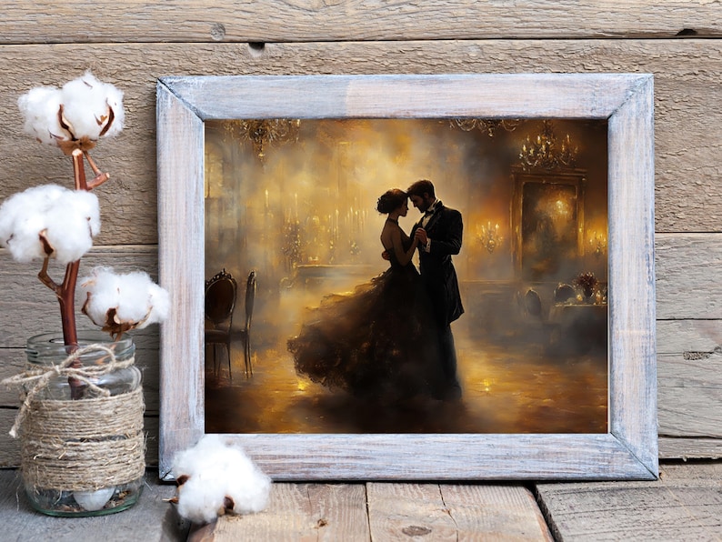 May include: A painting depicting a couple dancing in a ballroom. The man is wearing a black suit and the woman is wearing a black dress. The ballroom is dimly lit and there are candles on the tables.
