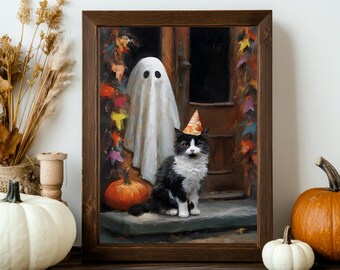 Cuadro de fantasma y gato esmoquin, arte mural adorable de Halloween, decoración gótica, estampado de fantasma con gato, póster de temporada espeluznante, regalos para mamás y amantes de los gatos