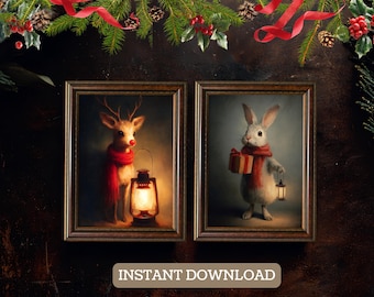Rudolf Reindeer & Christmas Bunny Print Set of 2, Printable Moody Wall Art, Cute Holiday Painting