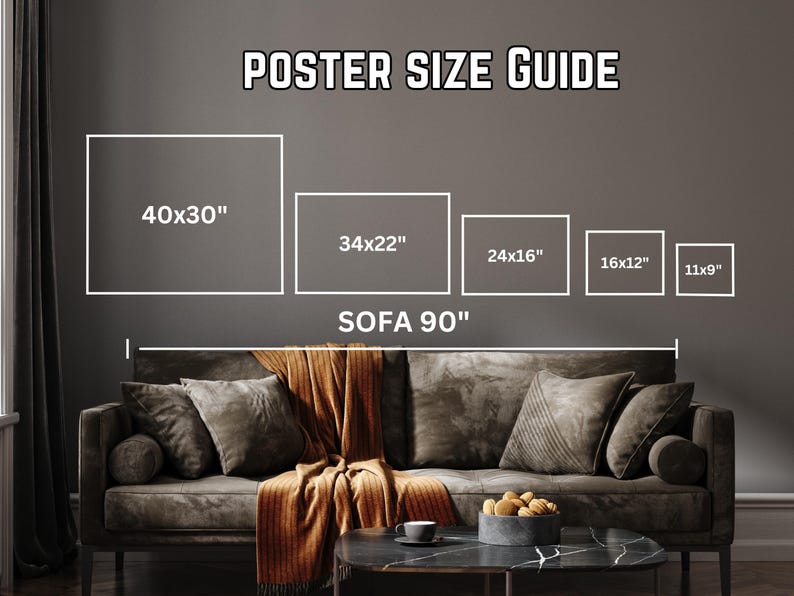 May include: A poster size guide showing different poster sizes in inches, with a 90-inch sofa in the foreground.