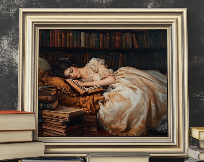 Victorian Woman Sleeping in Library Wall Art Painting, Moody Book Print, Vintage Dark Academia Poster, Antique Book Lover Gift Bookish Decor