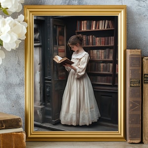 Victorian Girl Reading by Bookstore Painting, Vintage Dark Academia Wall Art Print, Antique Bookshop Poster, Bookish Gift, Book Nook Decor