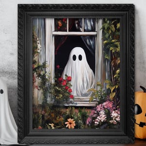Cute Ghost Painting, Vintage Halloween Wall Art Print, Floral Spooky Season Poster, Dark Cottagecore Ghost Print, Victorian Floral Ghost