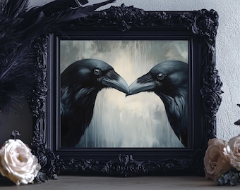 Raben Paar Gemälde, Stimmungsvoller Gothic Wand Kunst Druck, Krähe Poster, Vintage Romantische Vogel Kunstwerk, Wildtier Dekor, Dark Academia Dekor