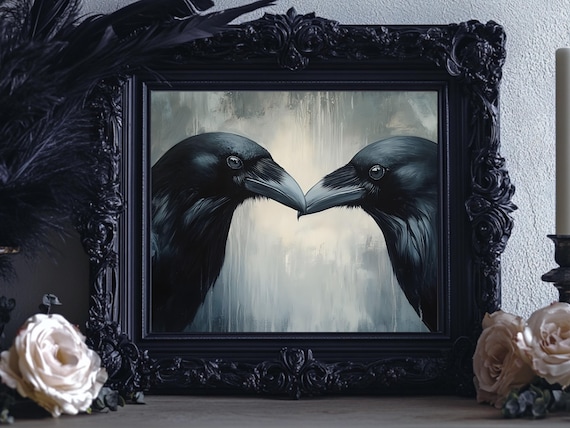 Raven Couple Painting, Moody Gothic Wall Art Print, Crow Poster, Vintage Romantic Bird Artwork, Wildlife Decor, Dark Academia Decor