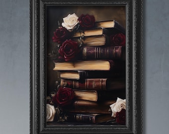 Dark Academia Books and Roses Wall Art, Moody Victorian Gothic Print, Vintage Bookish Poster, Library Book Oil Painting, Book Lover Gift