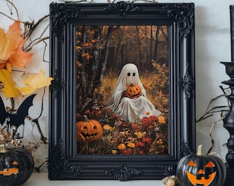 Halloween Ghost Painting, Pumpkins in Fall Forest Wall Art Print, Dark Cottagecore Art, Jack O Lantern Decor, Cute Spooky Season Poster