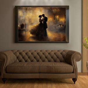 May include: A painting depicting a couple dancing in a ballroom. The man is wearing a dark suit and the woman is wearing a long, flowing dress. The background is a hazy, golden colour.