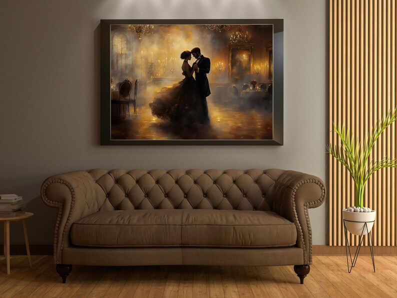 May include: A painting depicting a couple dancing in a ballroom. The man is wearing a dark suit and the woman is wearing a long, flowing dress. The background is a hazy, golden colour.