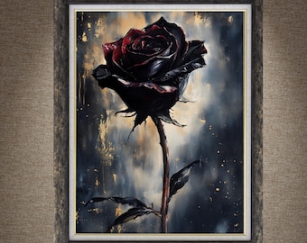 Black Rose Painting, Gothic Floral Wall Art Print, Vintage Victorian Dark Romance Poster, Moody Flower Oil Painting, Goth Home Decor