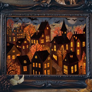 May include: A framed painting depicts a nighttime Halloween scene. The artwork features illuminated houses, orange trees, and bats against a dark sky. The ornate black frame adds a vintage touch to the spooky artwork.