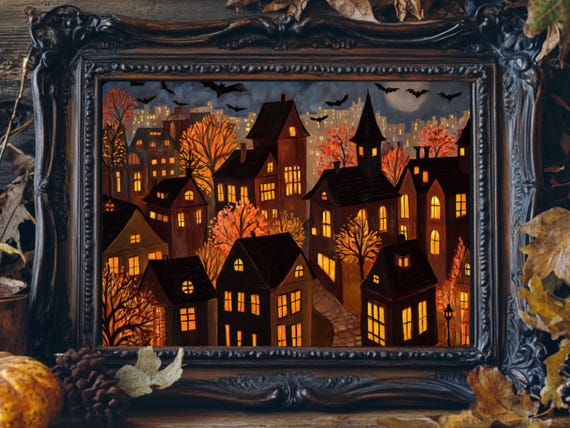 Halloween Town Folk Art Print, Halloween Painting. Vintage Spooky Season Poster, Fall Autumn Decor, Dark Cottagecore Wall Art, Gothic Prints