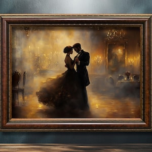 Vintage Dark Romance Painting, Victorian Wall Art, Dark Academia Print, Moody Oil Painting, Man & Woman Dancing, Antique Gothic Home Decor image 1