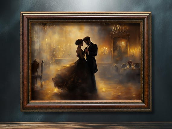 Vintage Dark Romance Painting, Victorian Wall Art, Dark Academia Print, Moody Oil Painting, Man & Woman Dancing, Antique Gothic Home Decor