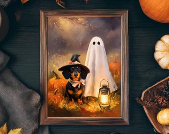 May include: A framed Halloween-themed painting depicts a dachshund wearing a witch hat and a ghost. The dog sits among pumpkins, with a lantern in front. The artwork has a warm, autumnal color palette, with a dark wooden frame.