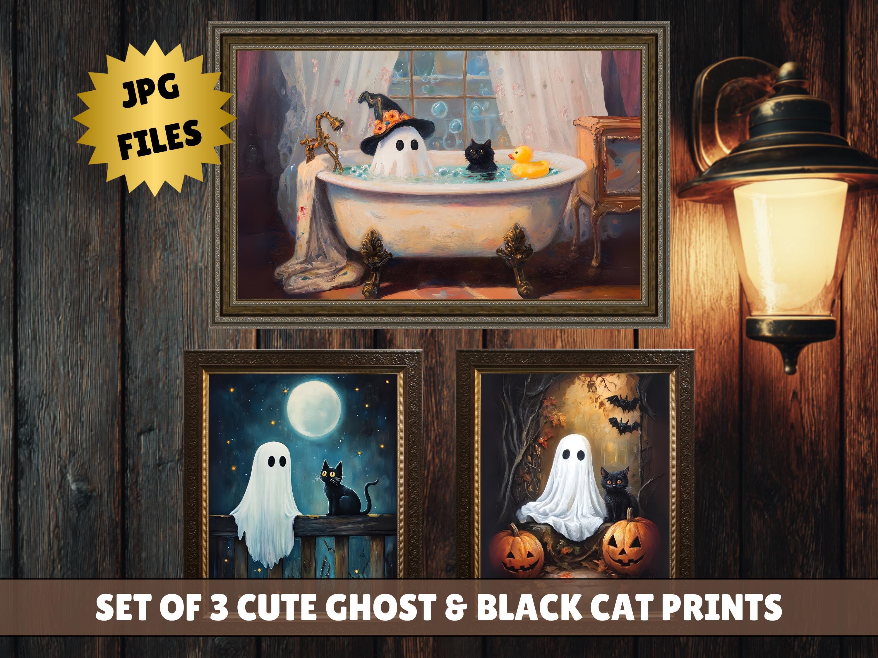 Printable Ghost and Cat Wall Art Set of 3, Digital Halloween Prints ...