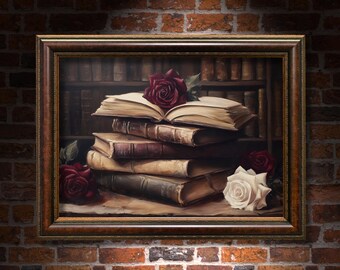 Vintage Dark Academia Books & Roses Painting, Book Wall Art, Library Print, Moody Bookish Oil Painting, Antique Book Lover Bookworm Gift