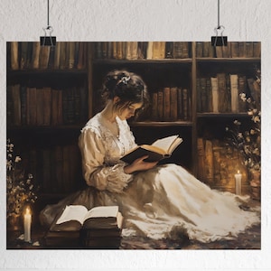 May include: A woman in a white dress sits in a library setting, reading a book. The room is filled with bookshelves and lit by candlelight.