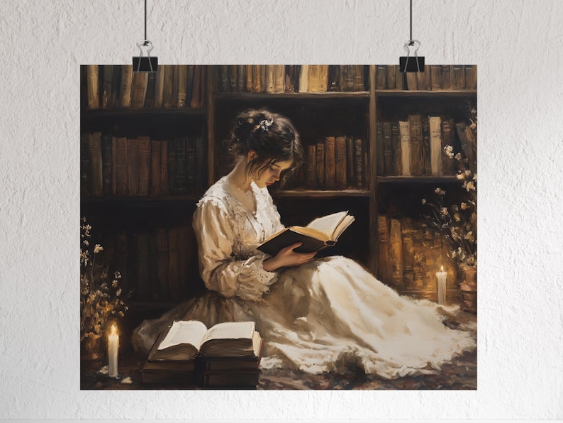 May include: A woman in a white dress sits in a library setting, reading a book. The room is filled with bookshelves and lit by candlelight.