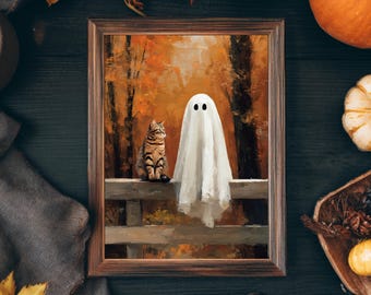 May include: A framed painting depicts a Halloween scene with a tabby cat and a ghost on a wooden fence against an autumn forest backdrop. Pumpkins and fall decor surround the painting, creating a seasonal ambiance.