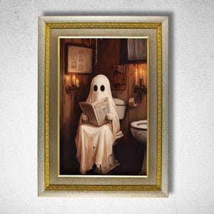 Ghost Reading on Toilet Wall Art Print, Funny Halloween Painting, Vintage Spooky Season Poster for Bathroom, Gothic Dark Academia Home Decor
