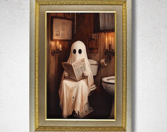 Ghost Reading on Toilet Wall Art Print, Funny Halloween Painting, Vintage Spooky Season Poster for Bathroom, Gothic Dark Academia Home Decor