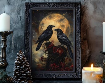 Gothic Rabe Paar Wand Kunst Druck, Dark Cottagecore Ölgemälde, Stimmungsvoll Dark Academia Poster, Gothic Dark Romance Wanddekoration