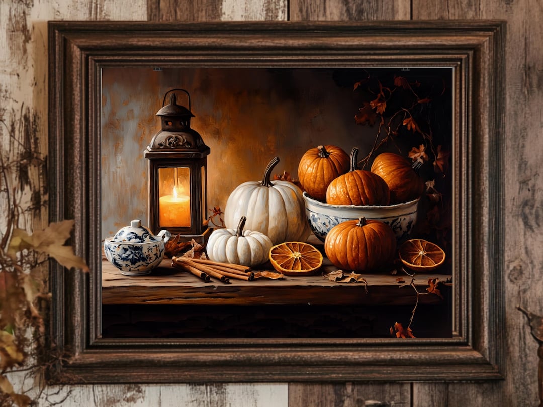 Fall Pumpkins Still Life Wall Art Painting, Vintage Halloween Print ...