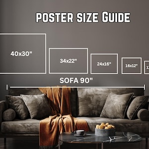 May include: A poster size guide showing different poster sizes in inches, with a 90-inch sofa in the foreground.