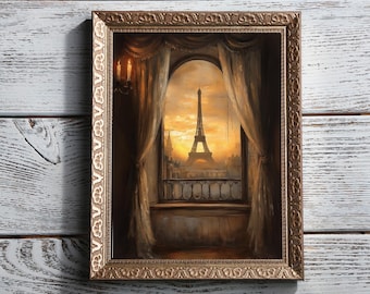 Vintage Paris Eiffel Tower Painting, Rustic French City Wall Art Print, Moody Antique France Cityscape Artwork Victorian Paris Travel Poster