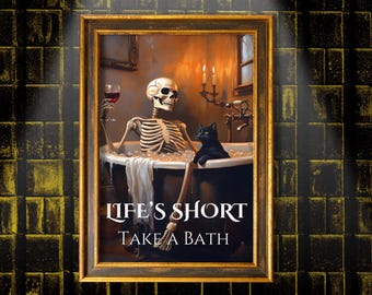 Funny Bathroom Wall Art Print, Skeleton and Cat Bathtub Art, Halloween Painting, Funny Restroom Decor, Bathroom Poster, Halloween Gift