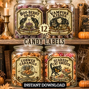 May include: A set of 12 decorative candy labels for Halloween, featuring vintage-style illustrations and text including Boo-Berry Drops, Vampire Kisses, Cobweb Caramels, and Scaredy Cat Sweets, designed for glass jars filled with various sweets.