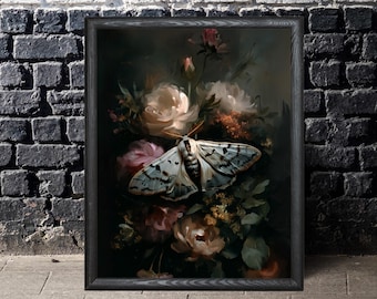 Vintage Motte Druck, Academia Motte Wandkunst, Stimmungsvolle Gothic Malerei, Rustikales Cottagecore Blumen Poster Antike Blumen Schmetterling Dekor