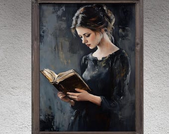 Vintage vrouw lezen Wall Art Print, leesgrage humeurig Victoriaans schilderij, donkere academische poster voor boekenliefhebbers, Reading Nook olieverfschilderij