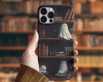 Bookish Ghost Phone Case, Cute Halloween Phone Case, Spooky Bookshelf Phone Cover, Book Lover Gift, Bookworm Gift, Tough Phone Case