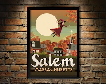 Salem Massachusetts Travel Poster, Vintage Halloween Print, Witch Art, Retro Witchcraft Home Decor, Witchy Spooky Season Wall Art Gift