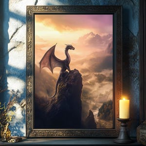 Fantasy Dragon Poster, Magical Mountain Dragon Painting, Vintage Mythical Wall Art, Gothic Decor, Dark Cottagecore Print, Dragon Lover Gift