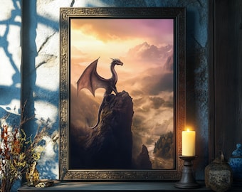Fantasy Dragon Poster, Magical Mountain Dragon Painting, Vintage Mythical Wall Art, Gothic Decor, Dark Cottagecore Print, Dragon Lover Gift